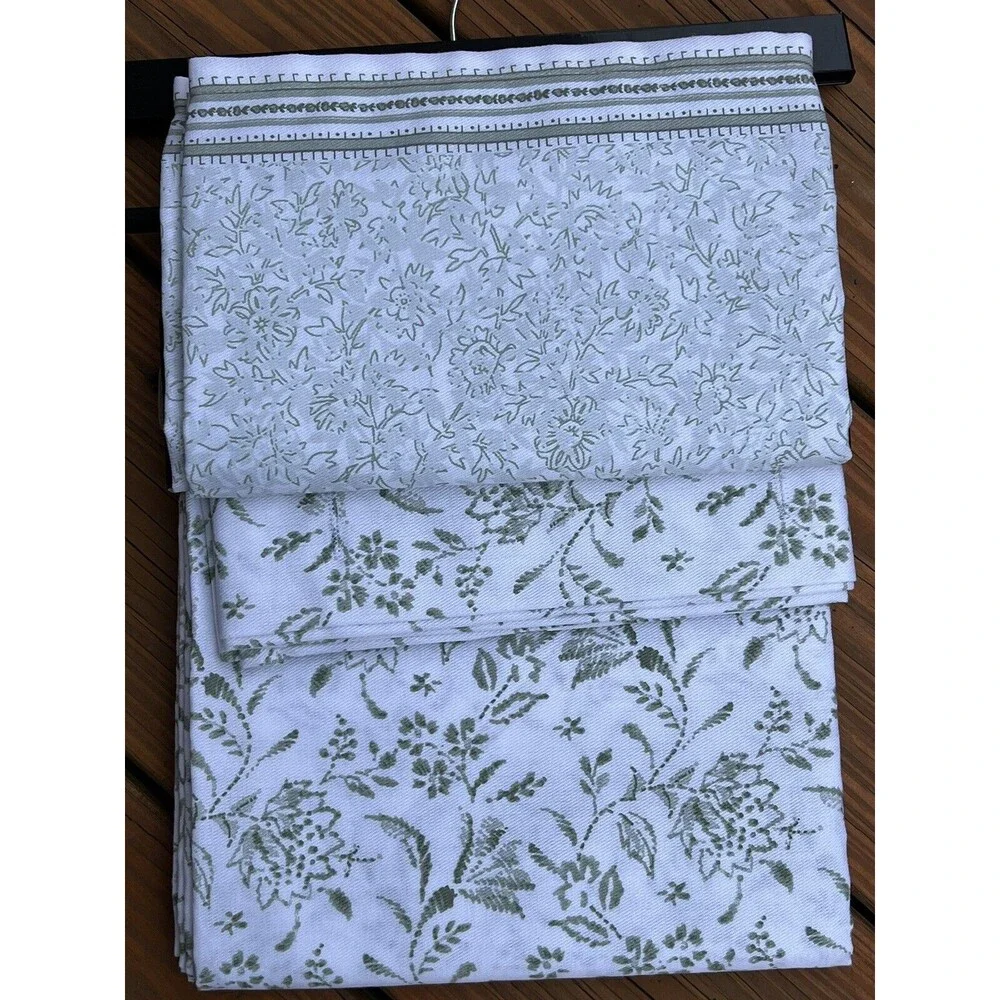 TAHARI Home Fabric Shower Curtain White & Green Floral Border Botanical New